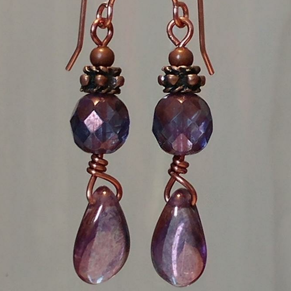 Boho Wire Wrapped Purple And Copper Earrings